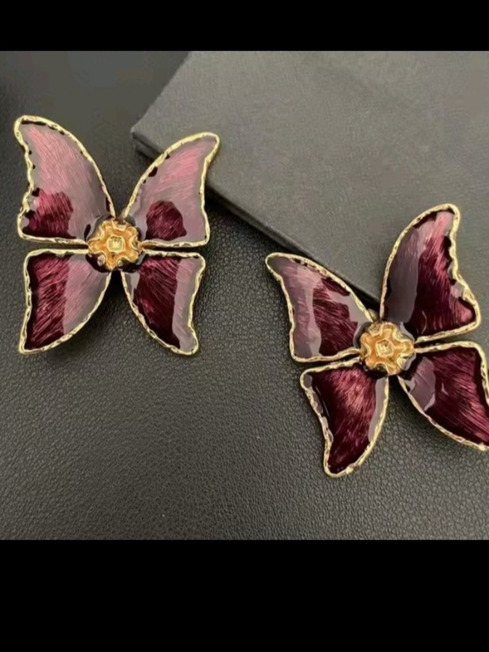 Yves Saint Laurent Plum Enamel Butterfly-Style Flower Earrings Clip On , SIGNED,